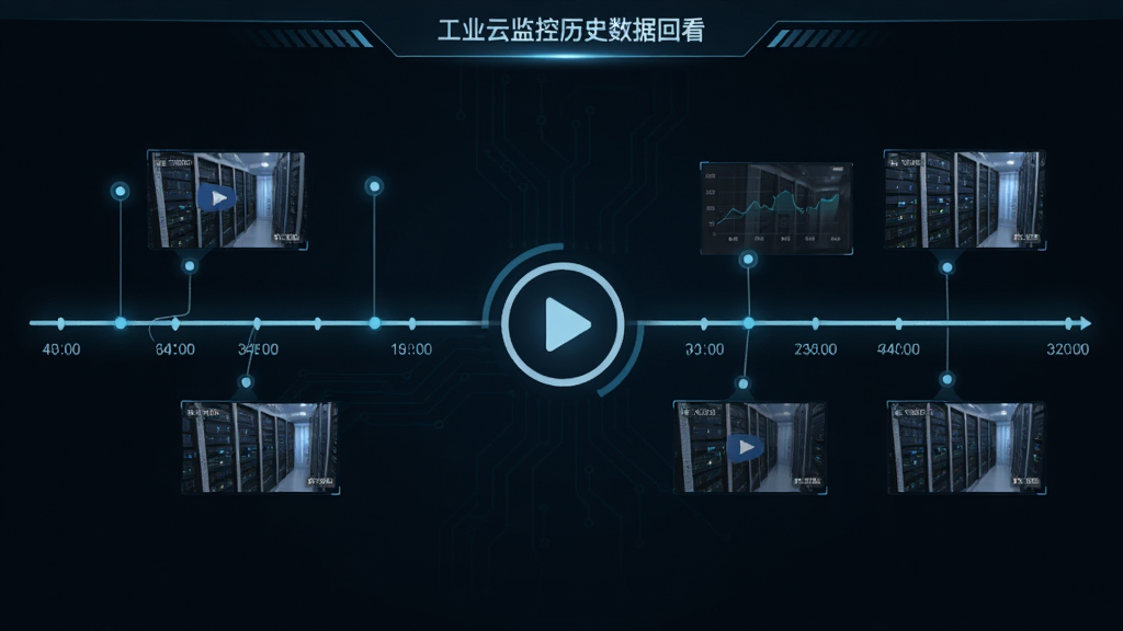 工业云监控历史数据回看界面,画面中展示一条时间轴,时间轴上分布多个数据节点与视频缩略图,背景为深色科技风格,有淡蓝色光效,画面中央有播放按钮图标,整体布局清晰,高清画质,无多余装饰