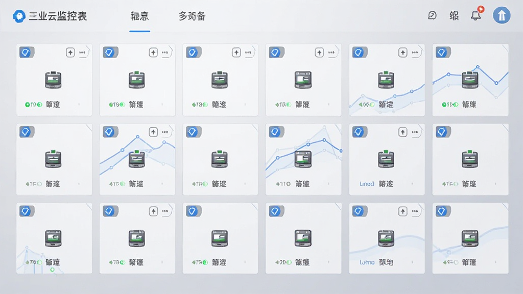 工业云监控多设备统一管理界面,画面中展示一个网格状设备列表,每个格子代表一台设备并显示状态图标,背景为浅灰色渐变,界面风格简约商务,有少量蓝色点缀,高清画质,干净整洁