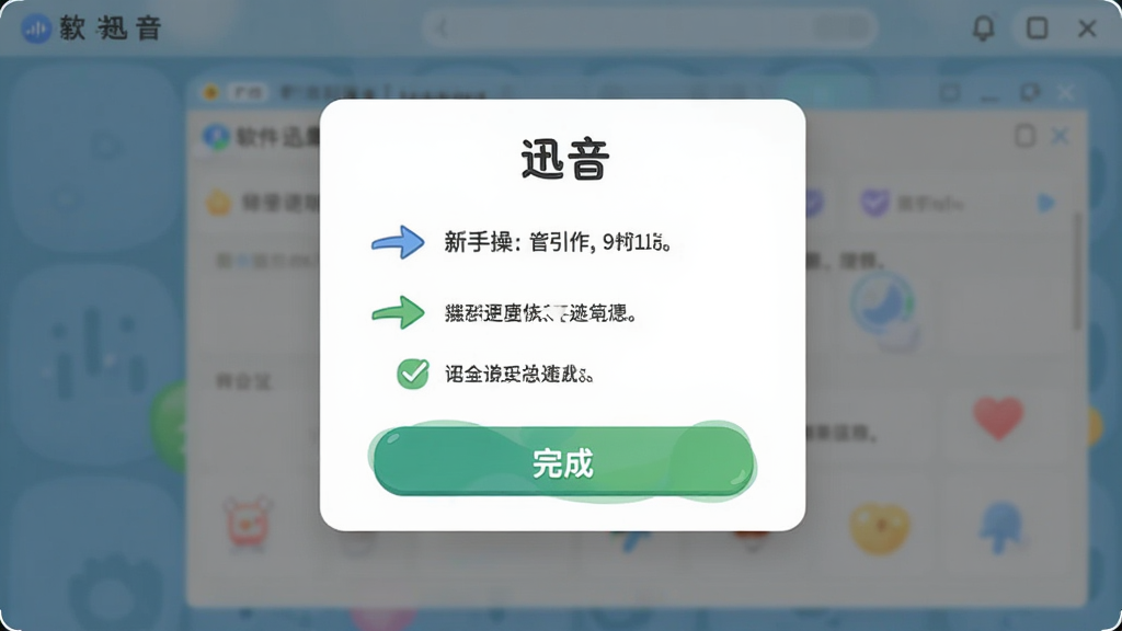 软件“迅音”的新手操作引导界面,主体为分步提示弹窗,布局居中显示,排版简洁明了,风格友好亲切,细节包含箭头指引、勾选选项、完成按钮,画质高清,干净,无多余元素