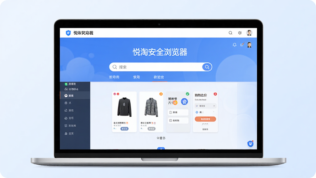 软件全貌展示图,画面中央放置一台打开的笔记本电脑,屏幕上显示“悦淘安全浏览器”主界面,界面包含搜索框、常用网址导航和购物比价小工具,背景为简洁的浅蓝色渐变,风格干净清爽,画质清晰,无多余元素