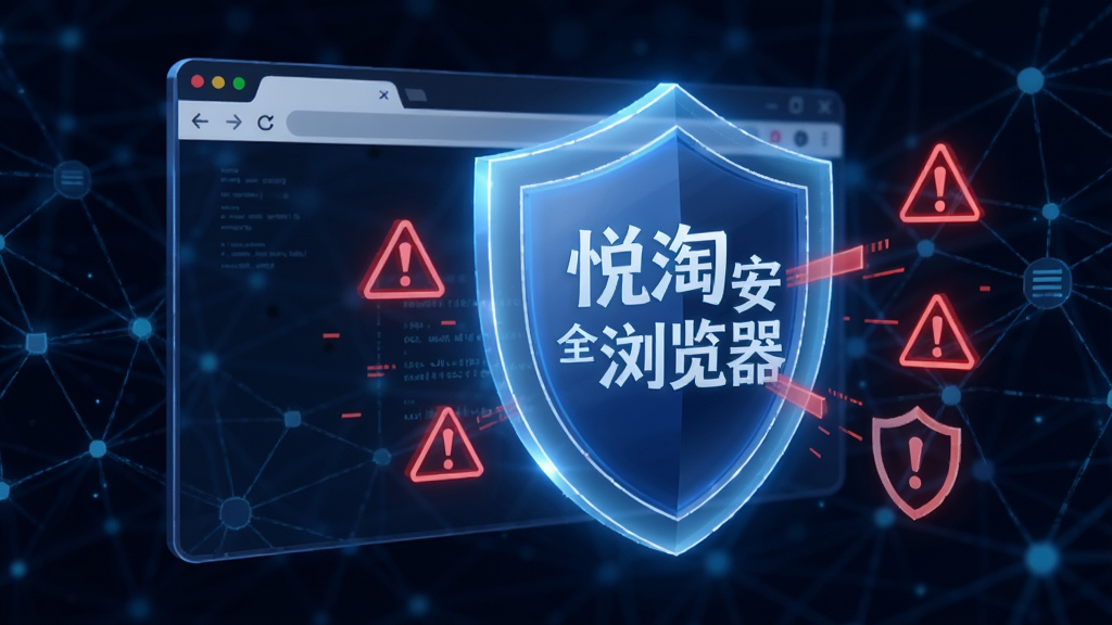 安全防护主题图,画面展示一面虚拟的盾牌悬浮在浏览器窗口前方,盾牌上有“悦淘安全浏览器”字样,背景是深蓝色网络空间,盾牌发出淡蓝色光芒阻挡红色警示符号,风格科技感十足,画质干净清晰