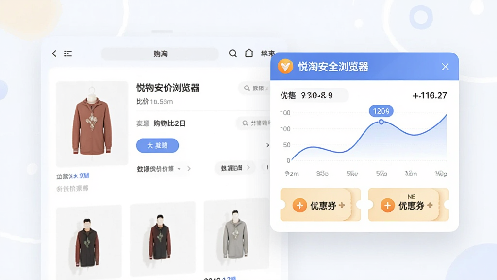 购物比价功能展示图,画面左侧是商品详情页,右侧悬浮“悦淘安全浏览器”比价小窗口,窗口内显示价格曲线图和优惠券图标,整体风格现代简约,色彩柔和,画质清晰无杂乱元素
