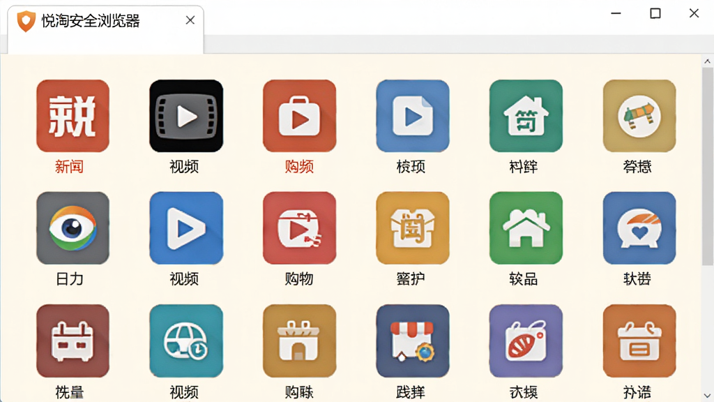 网址导航界面图,画面展示“悦淘安全浏览器”的新标签页,页面上整齐排列着各类网站图标,分为新闻、视频、购物等区域,背景为淡雅的米白色,图标色彩鲜明,排版干净整洁