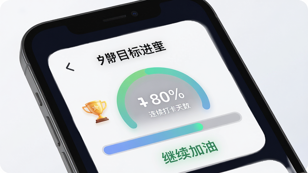Fito智能目标设定界面,主体为手机屏幕显示目标进度环与完成百分比,布局为上下结构,上方为目标名称下方为进度条,风格为柔和圆角卡片式设计,细节包括奖杯图标、连续打卡天数、鼓励文字
