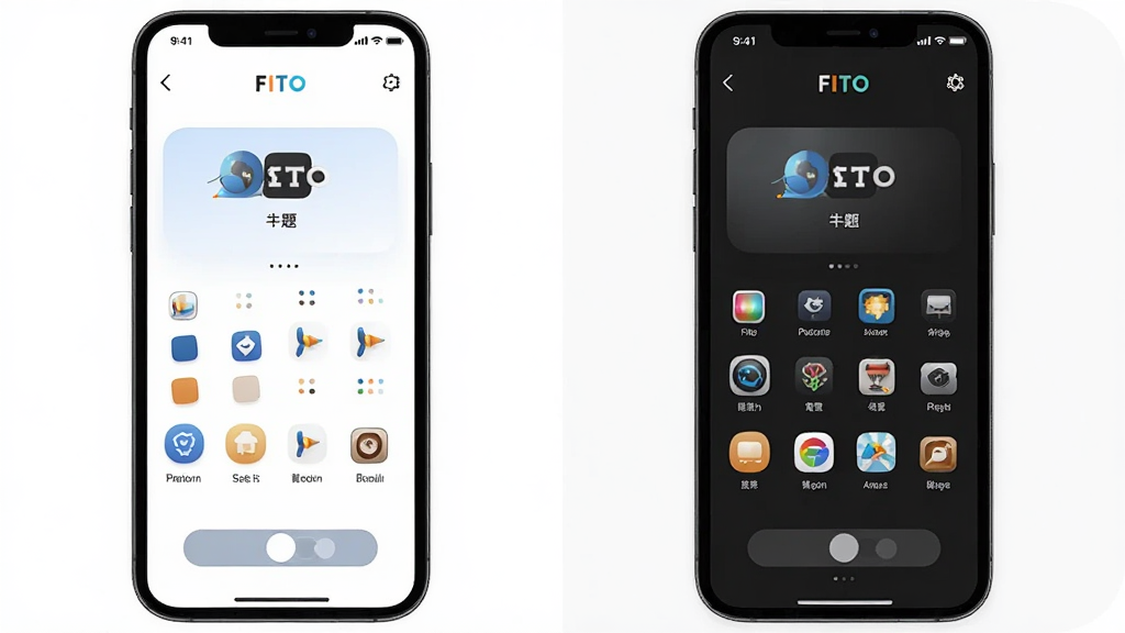 Fito个性化界面与主题展示,主体为两部手机并排显示浅色与深色主题,布局为左右对比构图,风格为现代简约设计,细节包括主题切换按钮、色彩搭配、图标样式,画质高清,干净,无多余元素