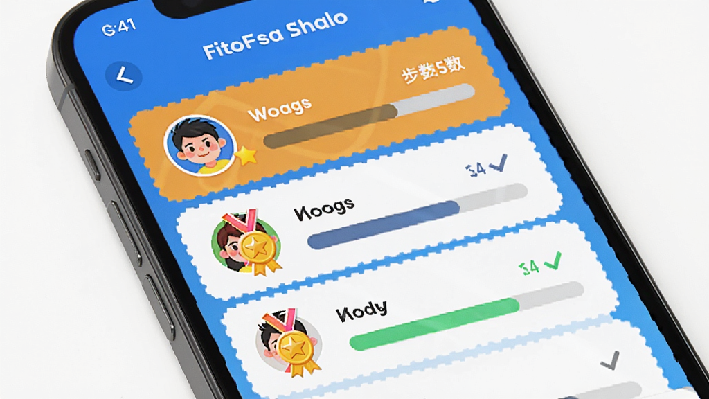Fito社交互动与挑战功能展示,主体为手机屏幕显示好友排行榜与挑战进度,布局为列表式排列,风格为活泼明快配色,细节包括头像、奖牌图标、步数对比条,画质高清,干净,无多余元素