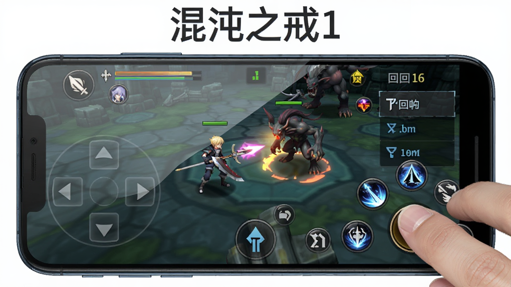 一部智能手机横屏显示混沌之戒1的战斗界面,屏幕左侧是虚拟方向键,右侧是技能指令菜单,画面中央是角色与怪物的对峙场景,布局为手机产品展示构图,风格为简洁科技感UI展示图,细节包括屏幕反光、手指正在点击技能按钮、界面上的回合数显示,手机上方用深灰色字体写着