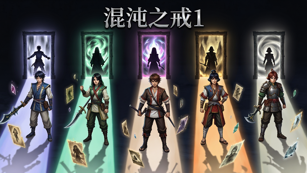 五对战士分别站在五条不同颜色的光路上,每条光路通向不同的结局之门,布局为对称放射状构图,风格为日式奇幻剧情插画,细节包括每对角色不同的服饰与武器、光路上漂浮的记忆碎片、门后透出的不同光芒,画面正上方用银色字体写着