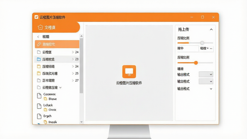 一张电脑桌面软件主界面截图,画面中央是“云橙图片压缩软件”的窗口,窗口标题栏显示软件名称,界面左侧为功能菜单,右侧为拖拽上传区域和压缩参数设置面板,整体采用橙色与白色配色,风格简洁清爽,布局为上下结构,排版整齐,细节包含文件列表、压缩比例滑块、输出格式选项,画质清晰,干净,无多余元素