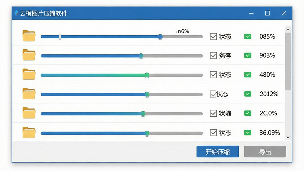 一张软件批量处理界面示意图,画面中“云橙图片压缩软件”窗口内显示多行图片文件列表,每行带有进度条和状态标识,底部有开始压缩与导出按钮,布局为列表式,排版规整,风格商务简洁,细节包含文件夹图标、多选复选框、进度百分比,画质清晰,干净,无多余元素