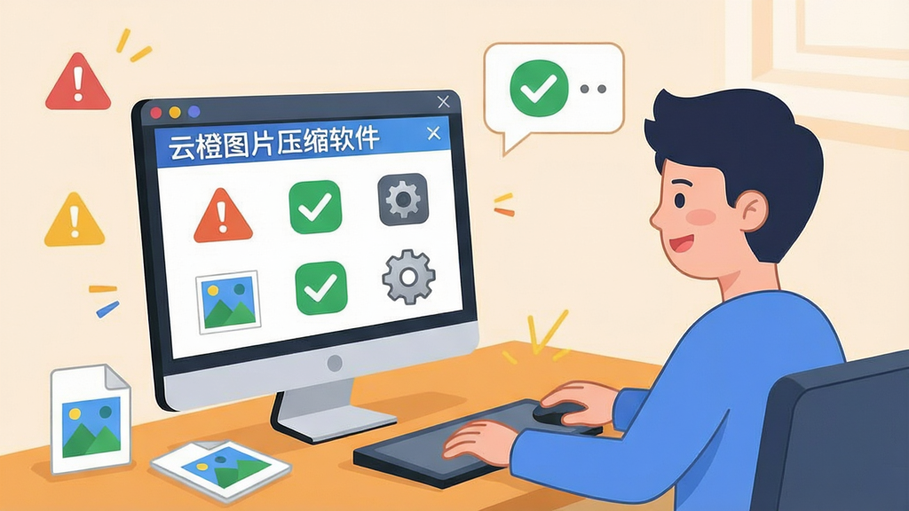 一张新手使用场景示意图,画面中“云橙图片压缩软件”窗口旁有一位卡通人物正在操作电脑,桌面上有图片文件图标和提示气泡,布局为左右结构,排版轻松,风格扁平化插画,细节包含警告图标、对勾图标、设置齿轮,画质清晰,干净,无多余元素