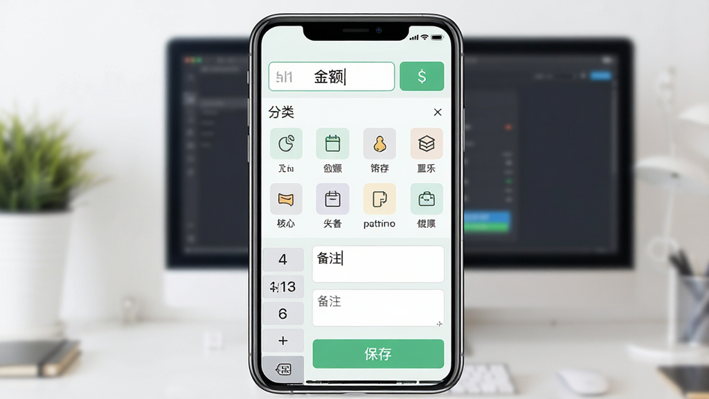 一张流水记账大管家软件的快速记账界面图,主体为手机或电脑屏幕中的记账表单,布局为顶部金额输入框、中部分类图标网格、底部保存按钮,排版紧凑合理,风格为清新浅色扁平化设计,细节包含数字键盘、分类小图标、备注输入框,画质高清,画面干净,无多余元素