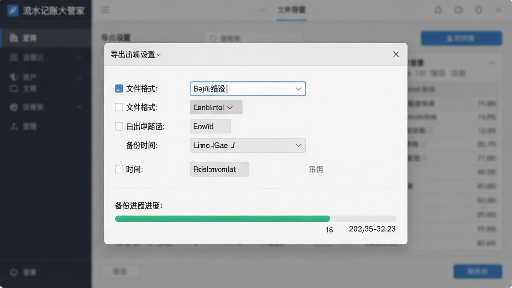 一张流水记账大管家软件的数据导出与备份界面图,主体为导出设置弹窗与备份进度条,布局为弹窗居中、选项列表清晰,排版简洁,风格为浅灰质感商务风,细节包含文件格式选项、导出路径、备份时间戳,画质高清,画面干净,无多余元素