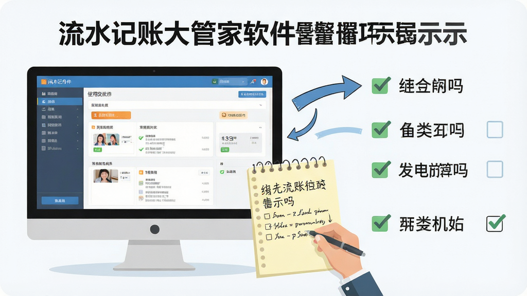 一张流水记账大管家软件的使用技巧示意图,主体为电脑屏幕中的软件操作界面与旁边的手写笔记元素组合,布局为左侧软件截图、右侧要点标注,排版清晰,风格为扁平化教程插图风,细节包含箭头指引、分类标签、勾选标记,画质高清,画面干净,无多余元素