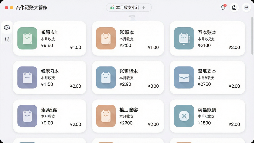 一张流水记账大管家软件的多账本管理界面图,主体为账本切换面板,布局为卡片式账本列表纵向排列,排版整齐清晰,风格为柔和圆角设计,细节包含账本封面图标、账本名称、本月收支小计,画质高清,画面干净,无多余元素