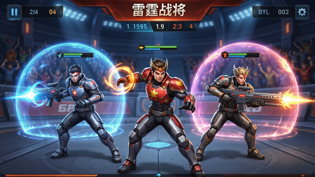 一张展示“雷霆战将”多人竞技场界面的图片,画面中有三名玩家角色并肩作战,背景为竞技场看台与能量护盾,主体为角色团队、布局为横版战斗视角、排版突出对战氛围、风格为热血科幻风、细节包括技能光效与比分面板、画质清晰、干净、无多余元素