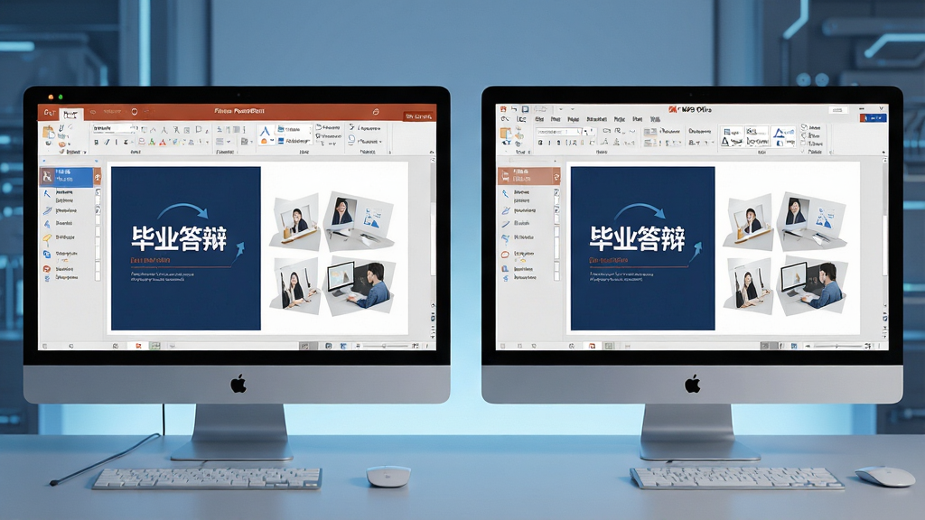 一张展示毕业答辩PPT模板在多设备上兼容运行的图片,画面主体是两台并排的显示器,左侧显示器运行Microsoft PowerPoint打开答辩模板,右侧显示器运行WPS Office打开同一套模板,两个屏幕显示的版式完全一致,画面布局采用左右对称排版方式,风格为科技感办公风格,细节上包含软件界面元素、模板页面内容、兼容性标识等元素,画质高清,画面干净,无多余元素