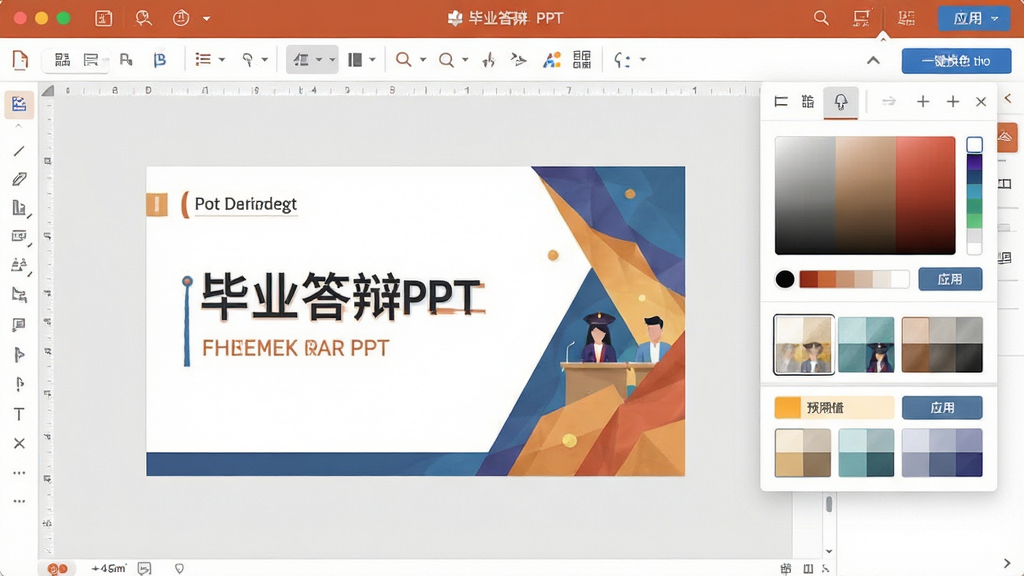 一张展示毕业答辩PPT模板一键换色功能的界面截图,画面主体是一个PPT编辑界面,屏幕中央显示着一套正在编辑的答辩模板,右侧弹出一个配色面板,面板中排列着多组颜色方案色块,画面布局采用左侧编辑区加右侧功能面板的排版方式,风格为扁平化软件界面风格,细节上包含颜色选择器、预览按钮、应用按钮等元素,画质高清,画面干净,无多余元素