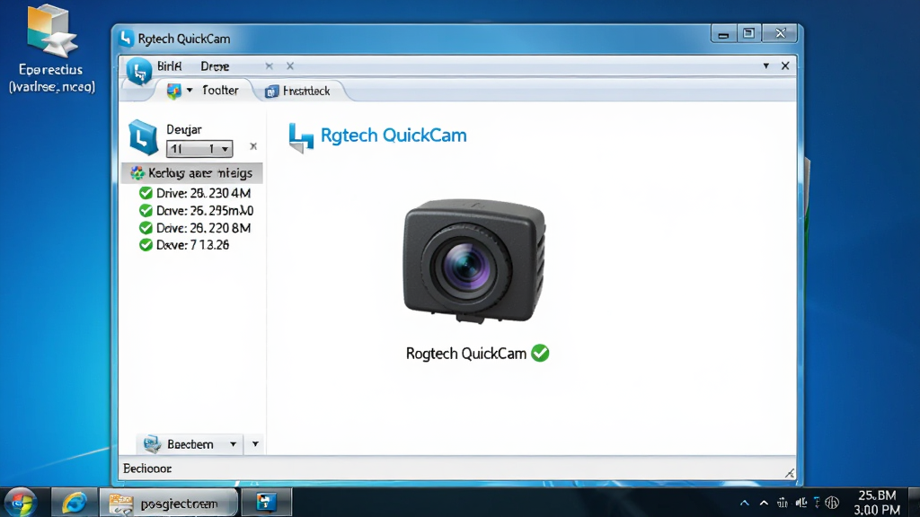 一张展示罗技QuickCam摄像头在Windows系统设备管理器中正常识别的图片,主体为电脑屏幕上的设备管理器窗口与摄像头图标,布局采用居中构图,排版清晰,风格为系统界面截图风,细节包含设备名称、驱动程序状态与绿色正常标识,画质高清,干净,无多余元素