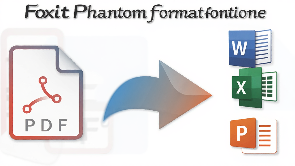 一张展示Foxit Phantom格式转换功能的图片,画面中央是一个转换箭头,左侧是PDF图标,右侧是Word、Excel、PPT等图标,箭头呈现流畅的过渡效果,整体布局对称,风格现代扁平化,画质高清,干净无多余元素