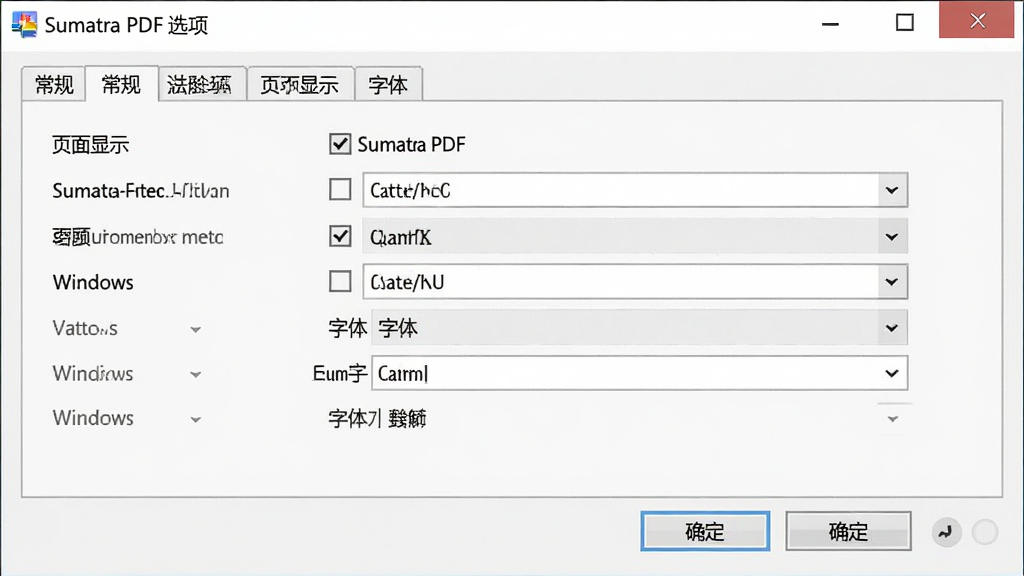 一张展示 Sumatra PDF 设置界面的截图,主体是软件首选项窗口,布局为居中弹窗,排版包含多个选项卡如“常规”“页面显示”“字体”等,风格为简洁的 Windows 原生对话框风格,细节包括复选框、下拉菜单和确定取消按钮,画质清晰,画面干净,无多余元素,窗口标题栏显示文字“Sumatra PDF 选项”