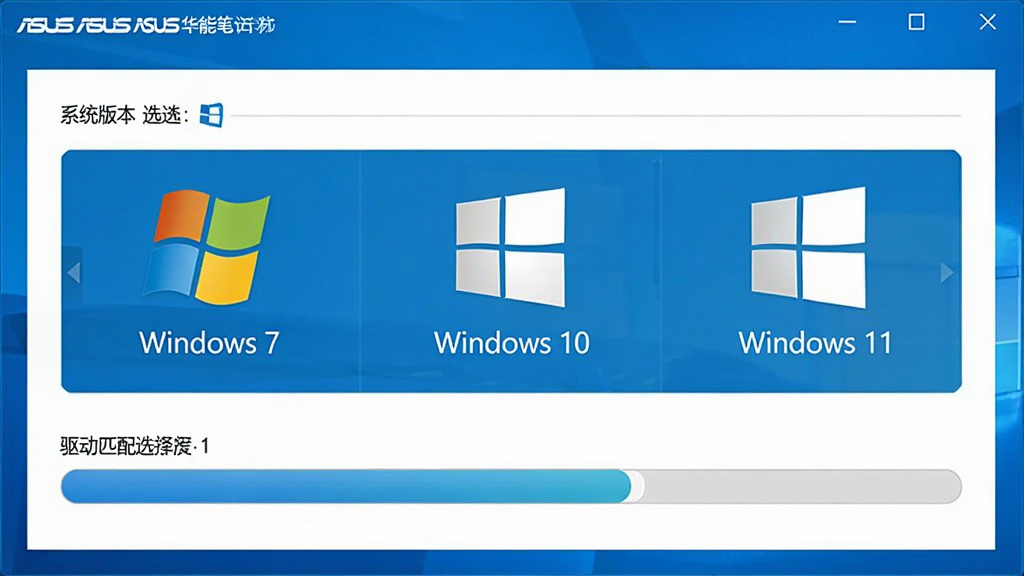 һ����������չʾͼ����������ʾ��ͨASUS��˶�ʼǱ���������ͷ�����������棬��������ϵͳ�汾ѡ�����򣬷ֱ��עWindows 7��Windows 10��Windows 11ͼ�꣬�·�������ƥ��������������������죬������ɫ�����ʸɾ�����
