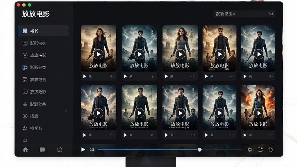 软件名称放放电影,主体为电脑桌面端视频播放器界面,布局为左侧影视分类导航与右侧海报墙推荐,排版采用简洁的网格卡片式设计,风格为现代科技感深色主题,细节包含高清电影海报缩略图、播放按钮图标、进度条、搜索框,画面中文字标注放放电影,画质为4K超清,干净,无多余元素