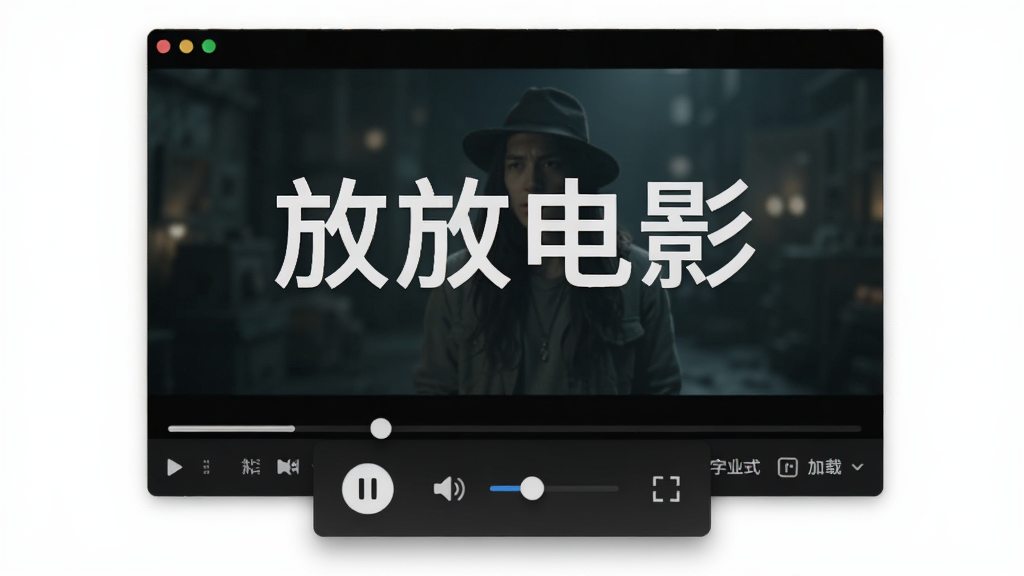 软件名称放放电影,主体为本地视频播放器解码界面,布局为中央视频播放窗口与下方控制栏,排版采用悬浮式控制面板设计,风格为极简暗色专业播放器风格,细节包含播放暂停按钮、音量调节、全屏图标、字幕加载选项,画面中文字标注放放电影,画质为4K超清,干净,无多余元素