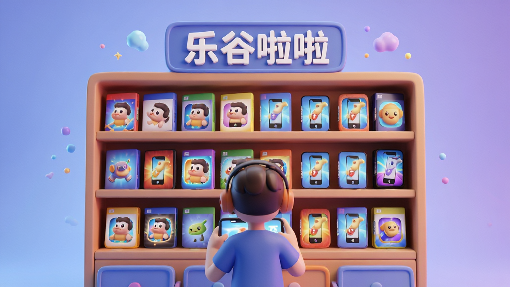一幅以“乐谷啦啦”游戏库为主题的AI生图,画面主体是一个巨大的虚拟游戏货架,货架上整齐摆放着各种游戏光盘盒与手机游戏图标,每个图标都散发着微光,货架前方有一位玩家正拿着手机浏览,背景是柔和的蓝紫色渐变,整体布局采用中心对称构图,排版疏密有致,风格为卡通3D渲染,细节丰富,画质高清,干净无多余元素