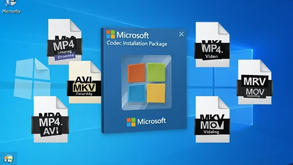 一张展示 Microsoft Codec Installation Package 软件界面的横版图片,画面中央是 Windows 系统桌面,桌面上放置着一个带有微软徽标的安装包图标,图标旁边有多个音视频文件格式图标如 MP4、AVI、MKV、MOV 环绕排列,背景是简洁的蓝色渐变,整体风格干净商务,画质清晰,无多余元素