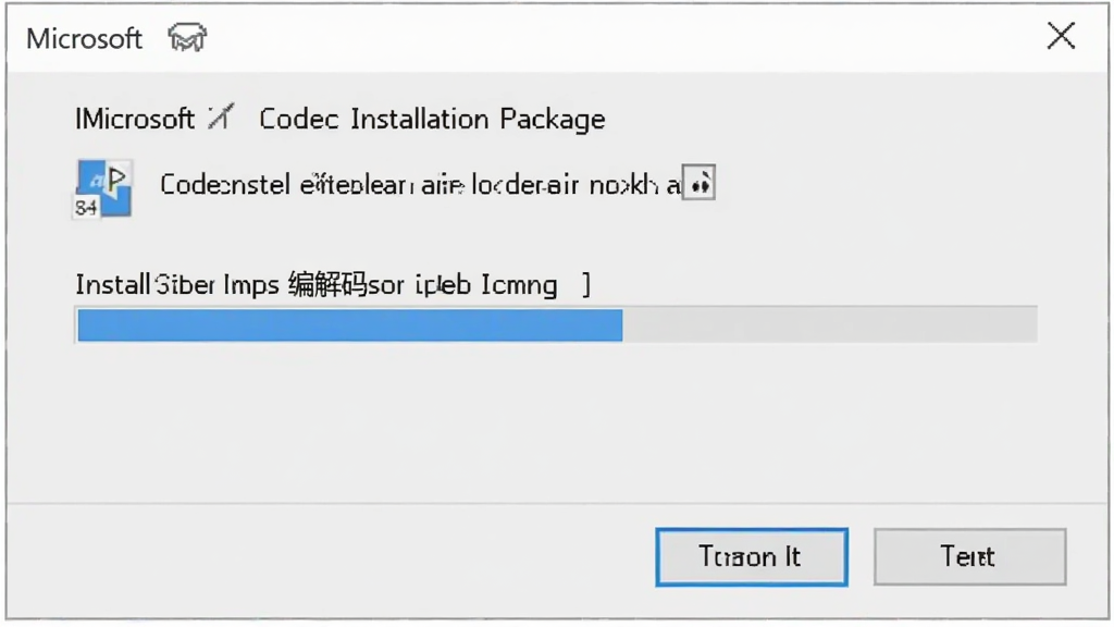 一张展示 Microsoft Codec Installation Package 安装进度界面的图片,画面中是一个简洁的安装向导窗口,进度条显示正在安装编解码器组件,窗口下方有“下一步”按钮,背景为纯白色,风格极简清爽,画质清晰,无多余元素