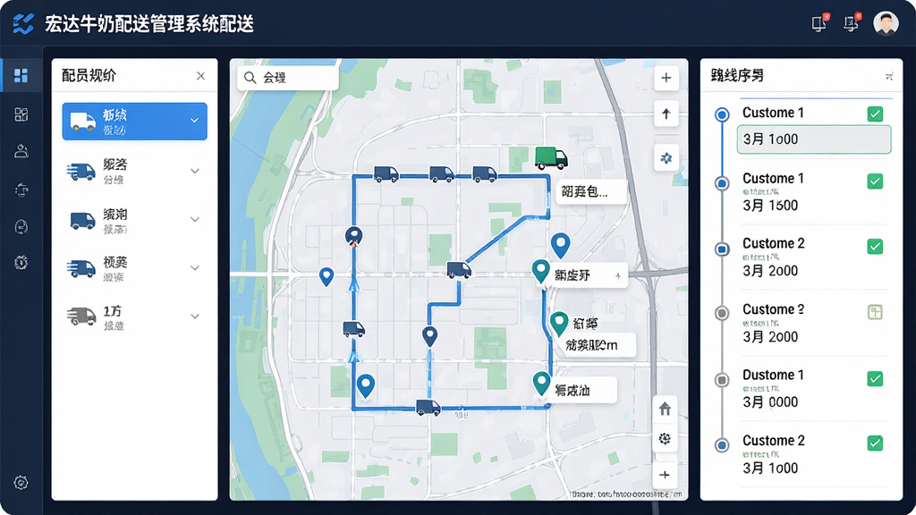 一幅展示宏达牛奶配送管理系统配送路线规划功能的界面图,画面主体为软件中的地图区域与配送任务列表,左侧为配送员分组,右侧为路线节点与订单序号,布局为左右分栏,排版规整,风格为现代科技商务风,细节包括路线连线、配送车辆图标、客户地址标记、完成状态勾选,画质高清,画面干净,无多余元素。