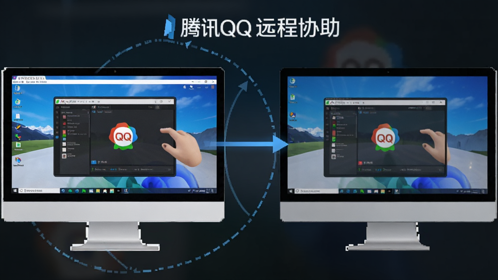 一张展示腾讯QQ远程协助功能的示意图,画面中两台电脑通过QQ连接,一台电脑屏幕上显示另一台电脑的桌面操作界面,界面中带有“腾讯QQ”标识,风格科技感,布局清晰,画质干净,无多余元素