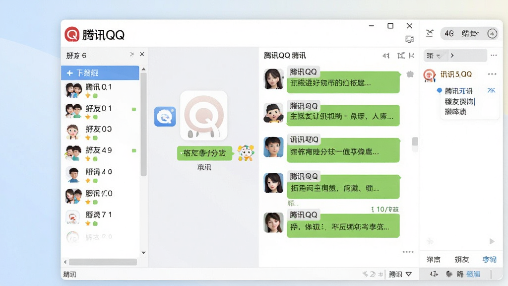 一张展示腾讯QQ电脑版主界面的预览图,画面中央是登录后的聊天主窗口,左侧为好友分组列表,右侧为聊天对话区域,窗口风格简洁现代,背景为浅色渐变,界面中可见“腾讯QQ”文字标识,整体布局清晰,风格写实,画质清晰,干净,无多余元素