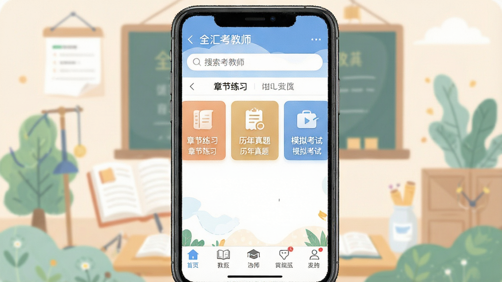 一张展示手机屏幕的清晰图片,画面中央是“全汇考教师”APP的首页界面,界面布局包含顶部搜索栏、中部功能模块入口如“章节练习”“历年真题”“模拟考试”以及底部导航栏,背景为柔和的教育主题插画,风格简洁明快,细节清晰可见,画质干净,无多余元素
