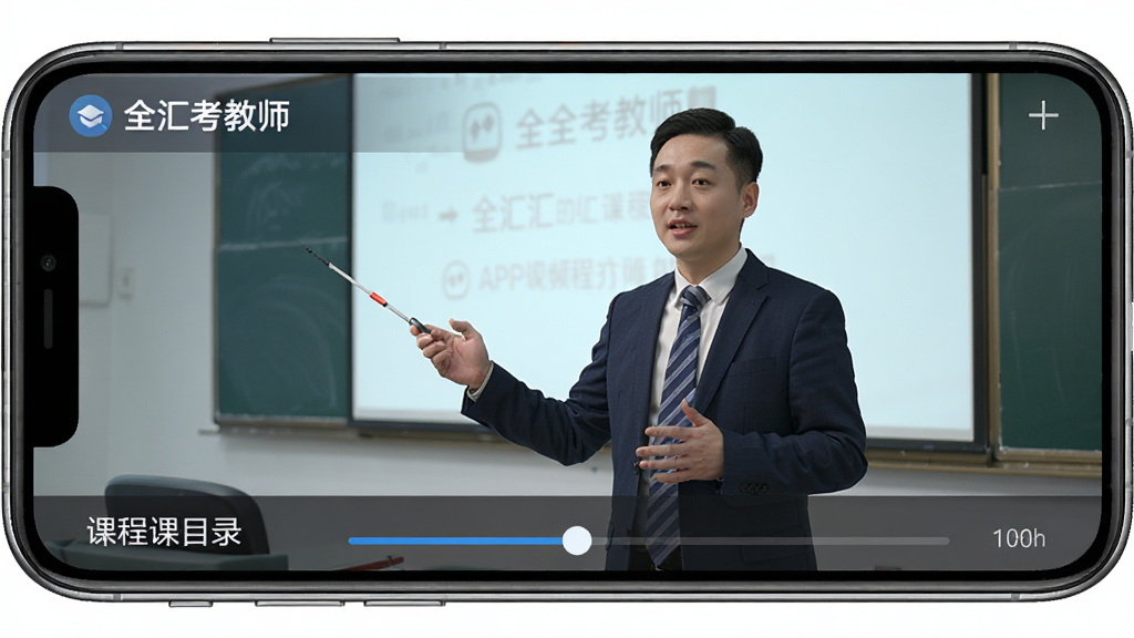 一张展示“全汇考教师”APP视频课程播放界面的图片,手机屏幕横屏显示讲师授课画面,下方有课程目录和进度条,界面布局合理,风格教育感强,画质清晰,无多余元素