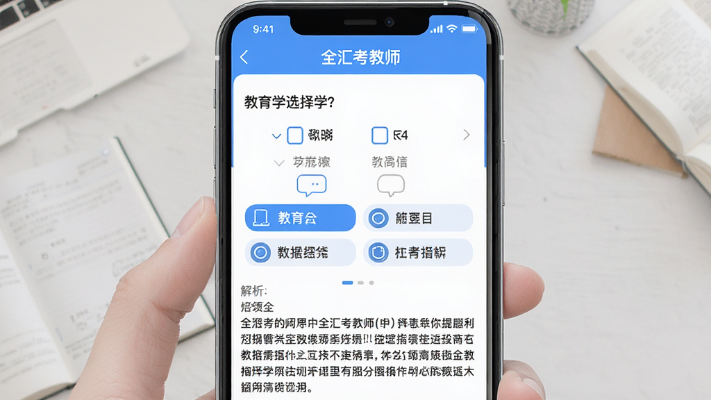 一张展示“全汇考教师”APP答题界面的图片,手机屏幕中央显示一道教育学选择题,下方有四个选项,选项下方是详细的解析文字,界面配色以蓝色和白色为主,风格清爽专业,细节丰富,画质干净,无多余元素
