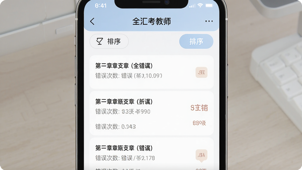 一张展示“全汇考教师”APP错题本界面的图片,手机屏幕显示错题列表,每道错题旁标注了所属章节和错误次数,界面顶部有筛选和排序按钮,整体风格简洁实用,配色柔和,画质清晰,无多余元素