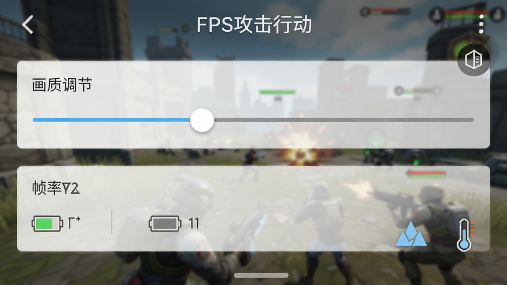 手机设置界面截图风格,画面中显示画质调节滑块与帧率选项,旁边有电池与温度图标,背景是模糊的游戏战场画面,界面顶部标注“FPS攻击行动”,风格为简洁实用,色调偏灰白与浅蓝,画质清晰,无多余文字