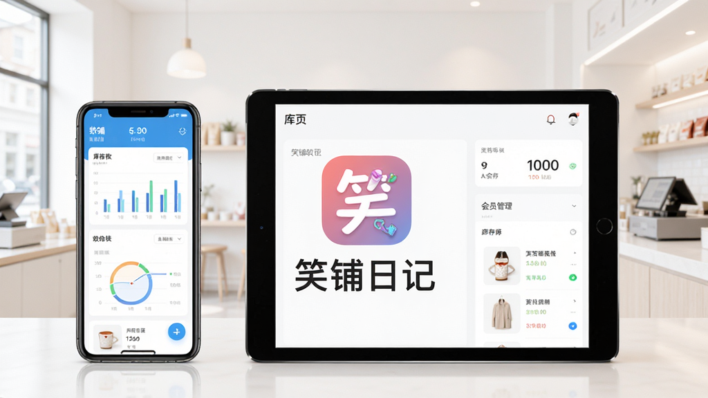 笑铺日记软件界面整体展示,手机与平板设备并排摆放,屏幕中呈现店铺收银、库存与会员管理多个功能模块,背景为简洁明亮的店铺环境,画面中央放置笑铺日记软件图标与文字标识,整体布局清晰有序,风格现代简约,细节包含数据图表与商品列表,画质高清干净,无多余元素