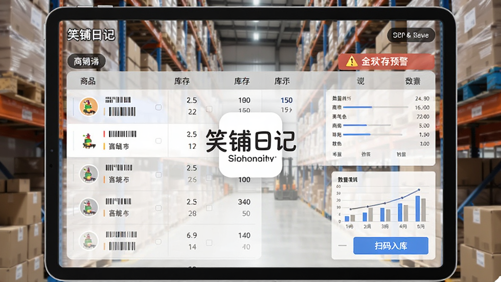 笑铺日记库存管理界面,平板设备屏幕中展示商品列表与库存数据表格,界面包含库存预警提示与扫码入库按钮,背景为仓库货架场景,画面中央放置笑铺日记软件标识,排版整齐,风格商务简洁,细节包含条形码与数量统计图,画质高清,干净无多余元素