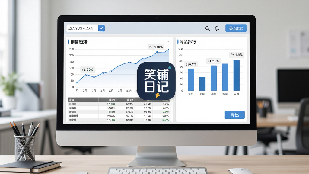 笑铺日记数据报表界面,电脑屏幕中展示销售趋势折线图与商品排行柱状图,界面包含日期筛选与导出按钮,背景为办公室桌面场景,画面中央放置笑铺日记软件标识,排版专业清晰,风格现代商务,细节包含数据表格与百分比标注,画质高清,干净无多余元素