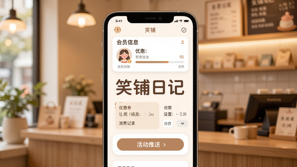 笑铺日记会员营销功能界面,手机屏幕中展示会员信息卡与优惠券设置页面,界面包含积分进度条与活动推送按钮,背景为温馨的店铺服务场景,画面中央突出笑铺日记软件名称,布局友好,风格柔和亲切,细节包含会员头像与消费记录,画质高清,干净无多余元素