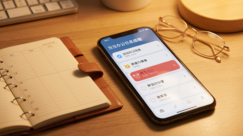 手机屏幕显示当当办公的任务提醒界面,列表中排列着几条待办事项,其中一条带有红色闹钟图标,手机旁边放着一本翻开的日程本,背景是暖色调的桌面,风格为温馨办公风,细节丰富,画质干净,无多余元素