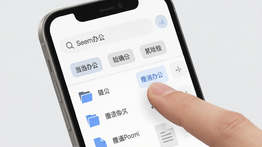手机屏幕展示当当办公的文件检索页面,顶部有搜索框,下方是分类标签和文件列表,手指正在点击其中一个标签,背景是浅灰色,风格为极简工具风,画面整洁,画质清晰,无多余元素