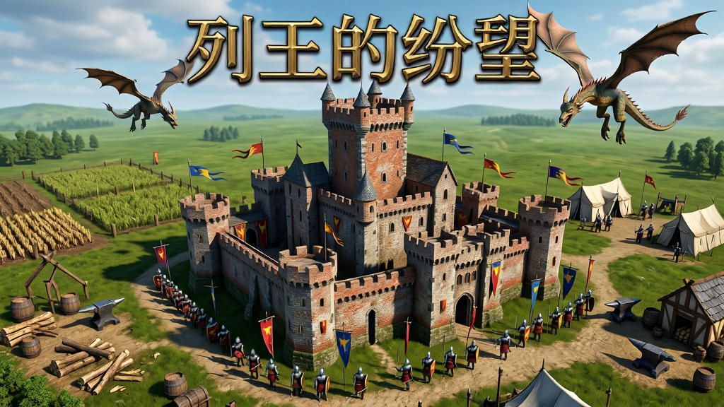 画面主体是一座宏伟的中世纪城堡矗立在绿色平原上,城堡周围环绕着士兵和旗帜,天空中有飞龙盘旋。布局采用远景俯视角度,城堡居中,左侧是农田和伐木场,右侧是兵营和铁匠铺。排版上游戏名称“列王的纷争”以金色大字置于画面顶部中央。风格为欧美奇幻写实风格,细节丰富,城堡砖石纹理清晰,士兵盔甲反光。画质高清,干净,无多余元素。