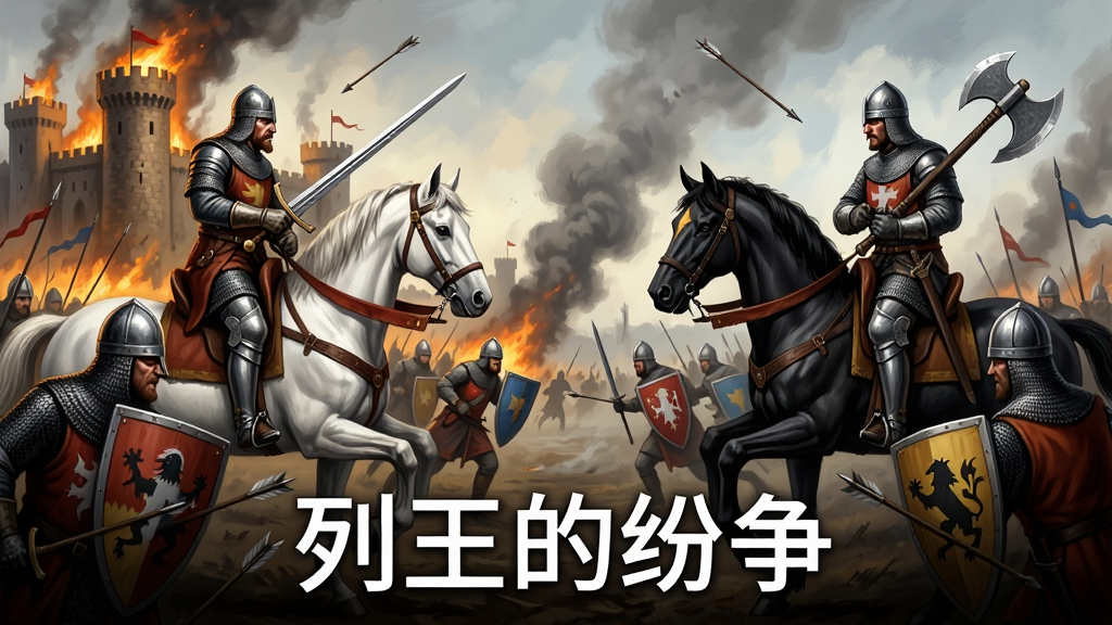 画面主体是两位中世纪领主在战场上对峙,左侧领主骑着白马手持长剑,右侧领主骑着黑马手持战斧,背景是燃烧的城堡和冲锋的士兵。布局为左右对称构图,中间是战场硝烟。排版上画面底部用白色字体写着“列王的纷争”。风格为史诗战争插画风格,细节包括士兵的盾牌纹章、战马铠甲、飞舞的箭矢。画质高清,干净,无多余元素。