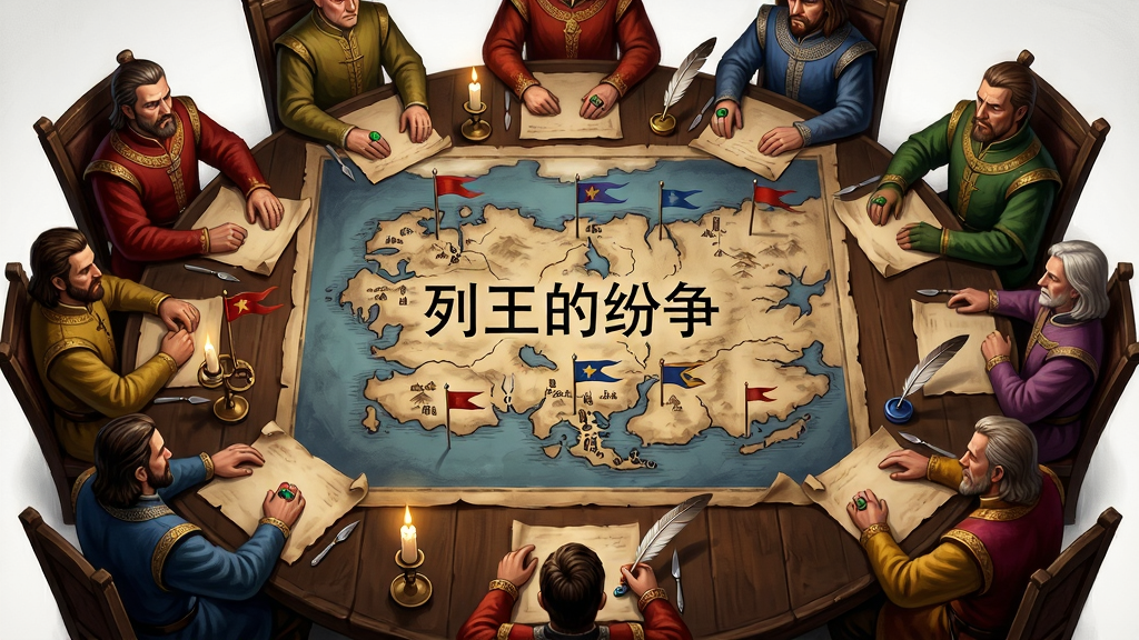 画面主体是一个圆桌会议场景,多位中世纪领主围坐桌旁,桌上铺着大地图,地图上插着小旗子。布局为俯视角度,圆桌居中,领主们穿着不同颜色的华服。排版上地图中央写着“列王的纷争”字样。风格为奇幻策略游戏原画风格,细节包括烛台、羊皮纸、羽毛笔、领主戒指。画质高清,干净,无多余元素。