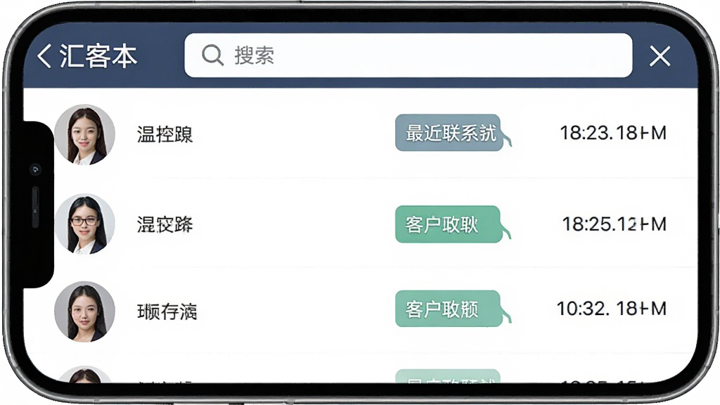 一张手机应用界面截图风格图片,画面中显示汇客本软件的客户列表页面,左侧是客户头像和姓名,右侧是标签和最近联系时间,顶部有搜索框,整体布局清晰,风格商务简约,画质高清,干净,无多余元素