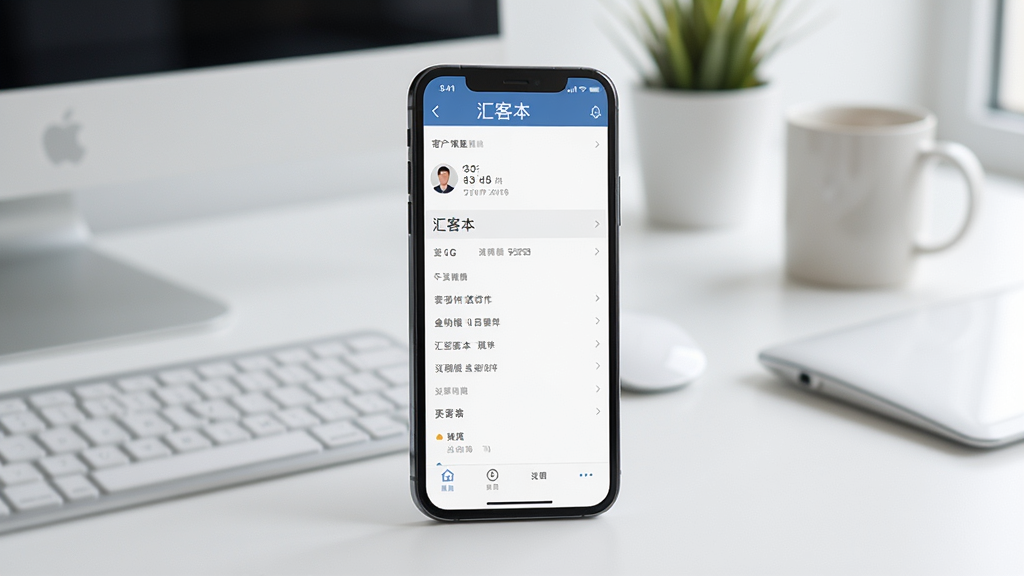 一张展示汇客本软件在手机上运行流畅的图片,画面中手机屏幕显示客户详情页面,背景是简洁的办公桌,风格清新,画质高清,干净,无多余元素